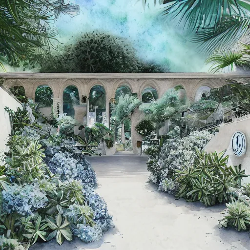 Prompt: delicate marble garden on jupiter's moon, beach volleyball babes, botanic watercolors, iridescent, 8 k wide angle, realistic shaded, fine details, artstation, italian, colonnade, oak tree, hydrangea, gardena architecture, party atmosphere