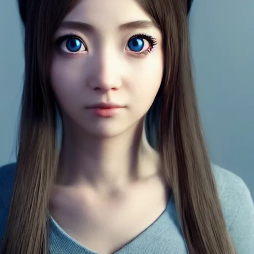 Prompt: “amazing photorealistic unreal engine 5 render RTX portrait of beautiful anime girl with big eyes and magic haircut. NVIDIA hairworks. Raytracing. Ultra max settings.”