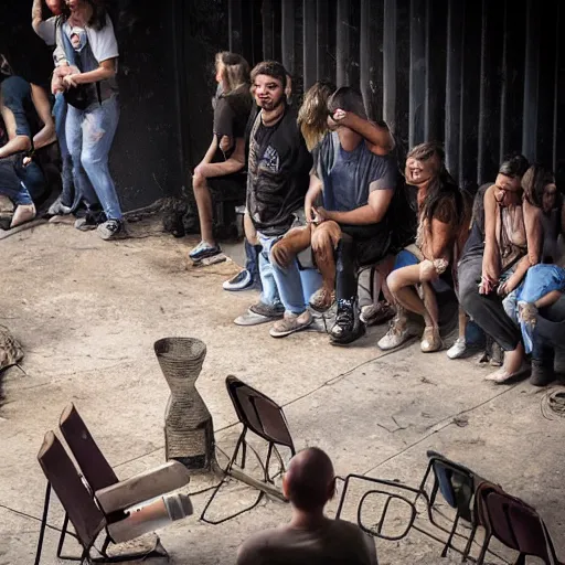 Image similar to Blistered cups of coffee are being handed out by a stringy-haired, sweaty man who is wearing an I.V. drip in his arm and a cigarette between his lips. A few people clamber up onto the stage to sit on the rickety chairs that have been set out for them; others stand along the wall or lean against the cracked concrete pillars. The only ones sitting down are those with crutches or canes—they've brought their own seats.