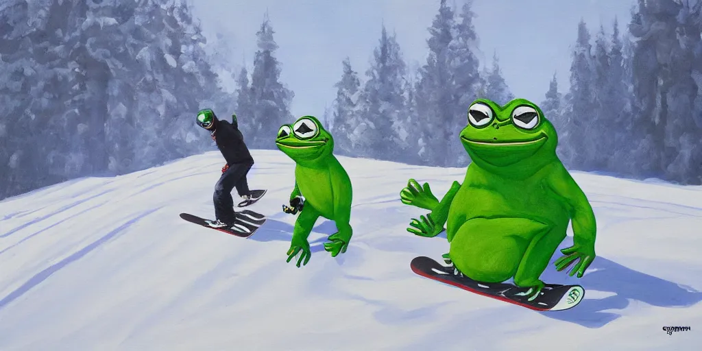 Image similar to pepe the frog snowboarding painted by gustaf cederstrom