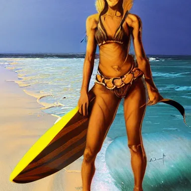 Image similar to a fantasy painting on oil of a beautiful female tiger striped tabaxi surfer druid carrying a wooden surfboard on a sandy beach in the Maldives, artstation, andrei riabovitchev, nuri iyem, james gurney, james jean, greg rutkowski, highly detailed, Rossdraws, Bluesssatan, Mandy Jurgens, Stjepan Sejic