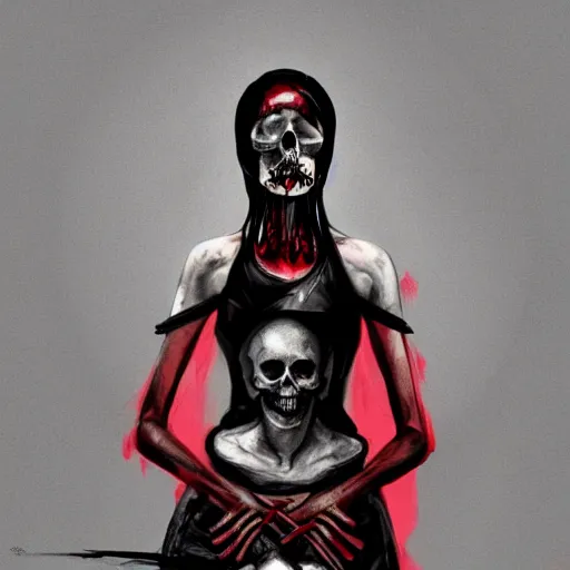 Image similar to Female death. with a red and black diamond skull with the top cut off in her hands. with the top cut off in one hand up to her face like hamlet, kodachrome, high contrast, highly detailed, sharp focus, digital painting, concept art, illustration, trending on artstation,