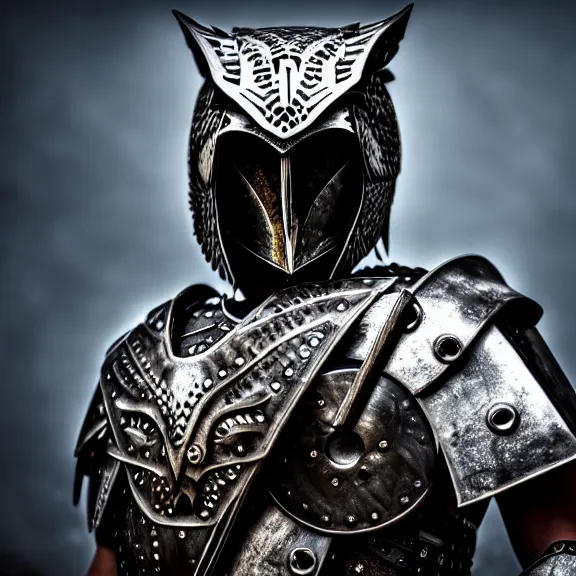 Image similar to photo of a warrior with metal owl theme armour, 4 k, hdr, smooth, sharp focus, high resolution, award - winning photo