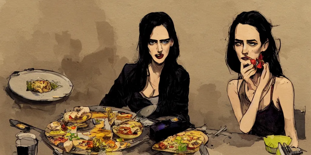 Image similar to cartoonish eva green eating dinner, vivid colors, character sheet, fine details, concept design, contrast, kim jung gi, greg rutkowski, enki bilal, trending on artstation, 8 k, full body, turnaround, front view, back view, ultra wide angle