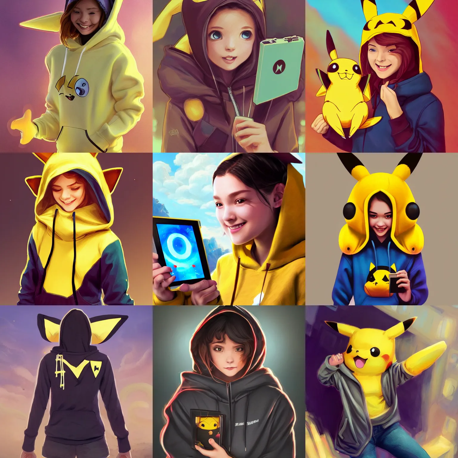 Prompt: Smiling girl wearing a hoodie inspired by Pikachu, holding a Nintendo Switch, Mark Edward Fischbach, intricate, highly detailed, digital painting, artstation, concept art, smooth, sharp focus, illustration, Unreal Engine 5, 8K, art by artgerm and greg rutkowski and alphonse mucha