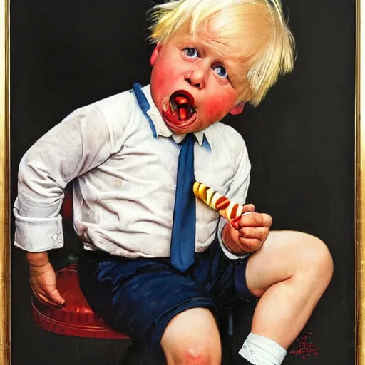 Image similar to Boris Johnson as a child eating a lollipop by Norman Rockwell