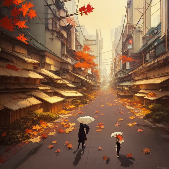 Image similar to empty tokyo, autumn, in the style of studio ghibli, j. c. leyendecker, greg rutkowski, artem