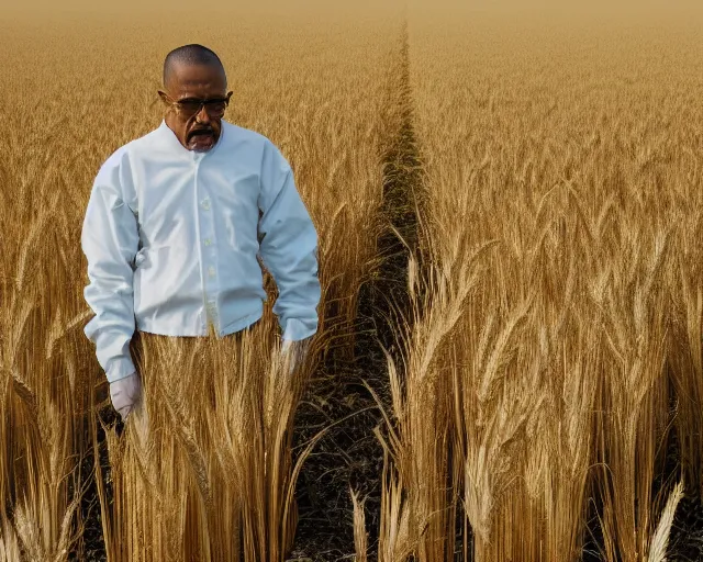 Image similar to extreme long shot of walter white and gustavo fring stand facing each other from a distance in a wheat field, side view, 3 5 mm photograph, 8 k resolution, wide shot, sharp lens