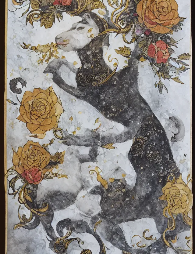 Image similar to animal god of roses and snow. this ink wash and goldleaf work by the beloved children's book illustrator has interesting color contrasts, plenty of details and impeccable lighting.