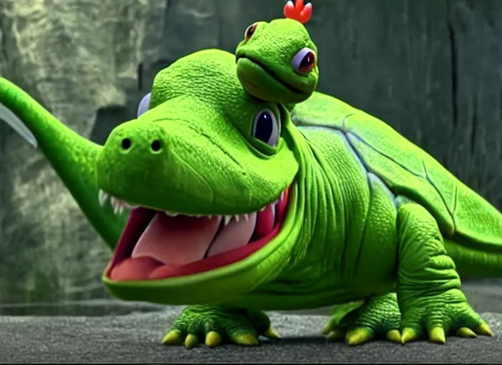 Image similar to film still of yoshi in the new sci - fi movie, cute upright dinosaur with a small turtle shell and long tongue, 8 k