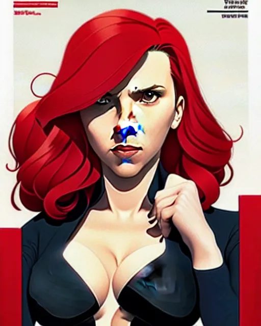 Image similar to phil noto comicbook cover art, pretty scarlett johansson black widow, symmetrical eyes, long red hair, full body, city rooftop