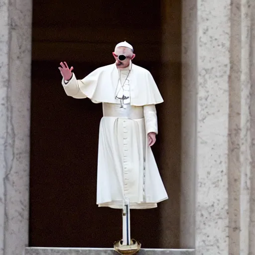 Image similar to the pope on a pogo stick going down marble staircase