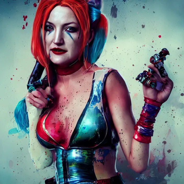 Image similar to portrait of Kate Hudson as a harley quinn. intricate abstract. intricate artwork. by Tooth Wu, wlop, beeple, dan mumford. octane render, trending on artstation, greg rutkowski very coherent symmetrical artwork. cinematic, hyper realism, high detail, octane render, 8k, iridescent accents