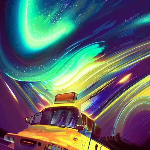 Image similar to beautiful digital painting of an RV driving through space, hyperdetailed, vivid colors, trending on Artstation