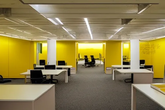 Image similar to an endless office space with old yellow wallpaper from the 1970s lit by fluorescent lights with no windows