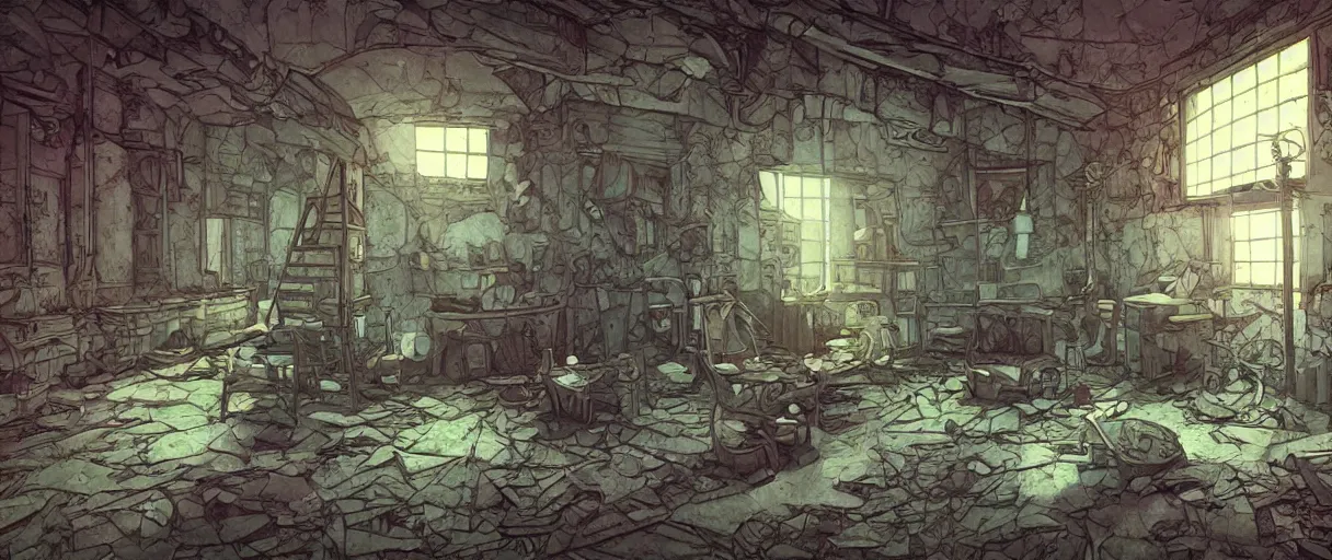 Image similar to abandoned laboroatory from early xx century faded out colors place mosquet painting digital illustration hdr stylized digital illustration video game icon global illumination ray tracing advanced technology that looks like it is from borderlands and by feng zhu and loish and laurie greasley, victo ngai, andreas rocha, john harris