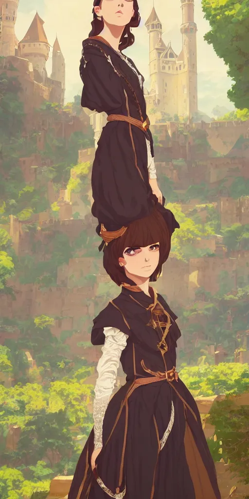 Image similar to portrait of elegant brunette as a medieval royalty, medieval castle background, shallow focus, rich vivid colors, ambient lighting, dynamic lighting, 4k, official media, anime key visual, makoto shinkai, ilya kuvshinov, lois van baarle, rossdraws, detailed, trending on artstation