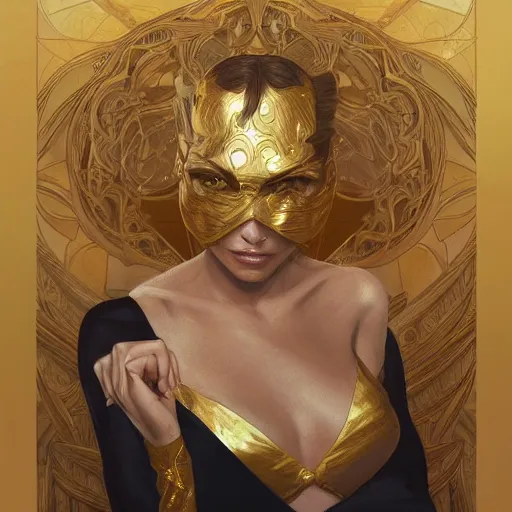 Image similar to Sandman with a gold suit, portrait, intricate, elegant, highly detailed, digital painting, artstation, concept art, smooth, sharp focus, illustration, art by artgerm and greg rutkowski and alphonse mucha