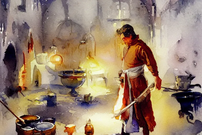 Prompt: small centered on watercolor paper, paint brush strokes, abstract watercolor painting of medieval glassblower with apron, kiln, glow fire, cinematic light, national romanticism by hans dahl, by jesper ejsing, by anders zorn, by greg rutkowski, by greg manchess, by tyler edlin