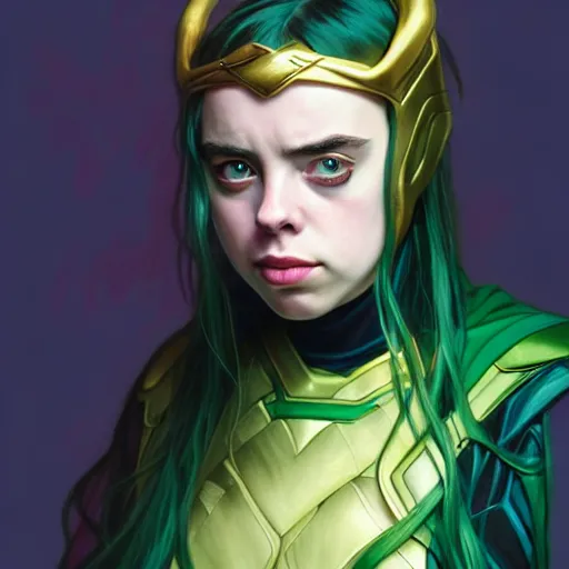 Image similar to Billie Eilish as Female Loki, very detailed, digital art, trending on artstation, concept art, smooth, illustration, art by artgerm and greg rutkowski and alphonse mucha and J. C. Leyendecker and Edmund Blair Leighton and Katsuhiro Otomo and Geof Darrow and Phil hale and Ashley wood