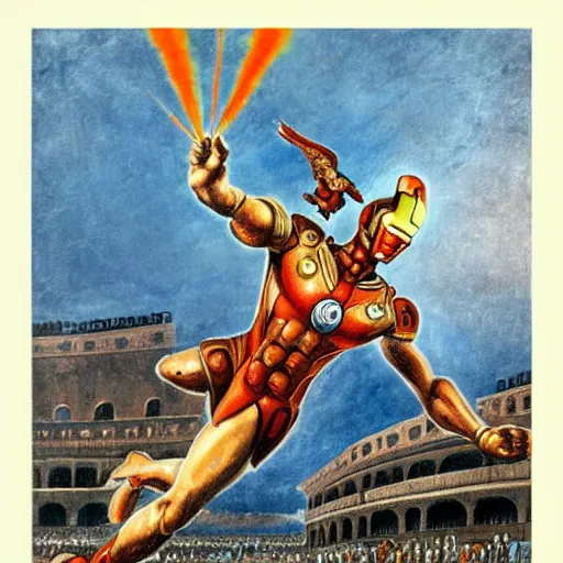 Image similar to hellenistic greece painting of old - fashioned - ironman flying across the coliseum