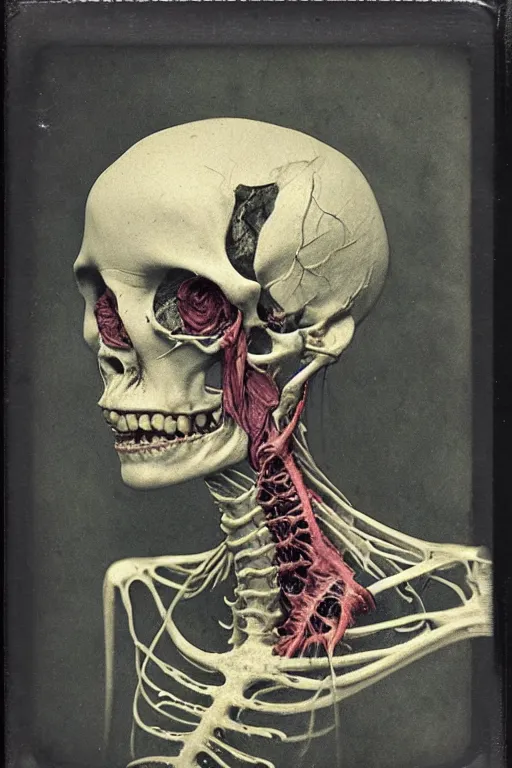 Prompt: an 1 9 1 0 polaroid photography of a very sad and detailed rotten woman corpse with fractal ornate growing around her face muscles, veins, arteries, bones, anatomical, skull, eye, ears, full body, intricate, surreal, ray caesar, john constable, guy denning, dan hillier, black and white