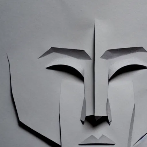 Image similar to a face made from layered paper, 2D, flat minimalistic, ambient light