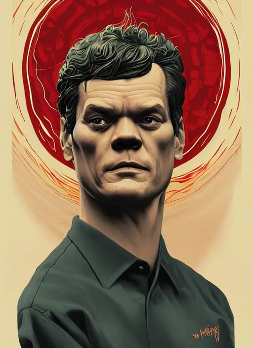 Image similar to poster artwork by Michael Whelan and Tomer Hanuka, Karol Bak of portrait of Michael Shannon!! the local mechanic clerk at the auto store, from Twin Peaks, clean, simple illustration, nostalgic, domestic, full of details