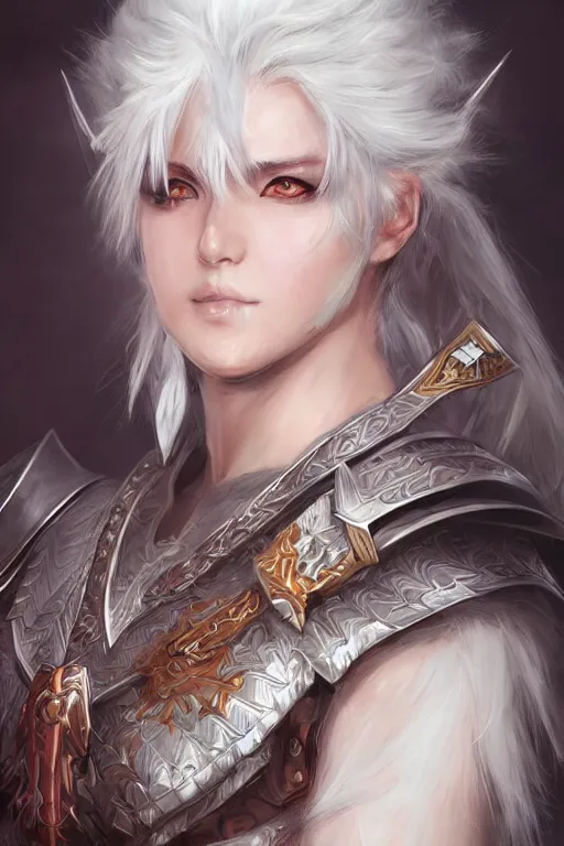 Image similar to A realistic anime portrait of a white haired female barbarian wearing an intricate armor, digital painting, by Stanley Artgerm Lau, Sakimichan, WLOP and Rossdraws, digtial painting, trending on ArtStation, SFW version