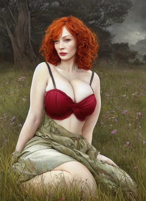 Image similar to Christina Hendricks taking a rest in a meadow after an long adventure, a ruggedly muscled handsome heroine, intricate, elegant, highly detailed, centered, digital painting, artstation, concept art, smooth, sharp focus, illustration, artgerm, donato giancola, Joseph Christian Leyendecker, WLOP, Artgerm, thunder storm