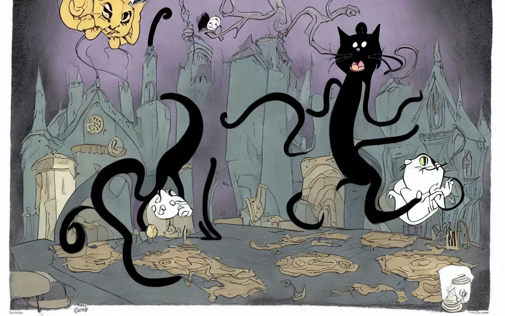 Prompt: a black eldritch cat threatening, hermaeus mora, disney cartoon, Aristocats