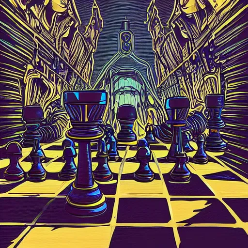 Image similar to a soldier overshadowed by giant chess pieces, artwork by dan mumford