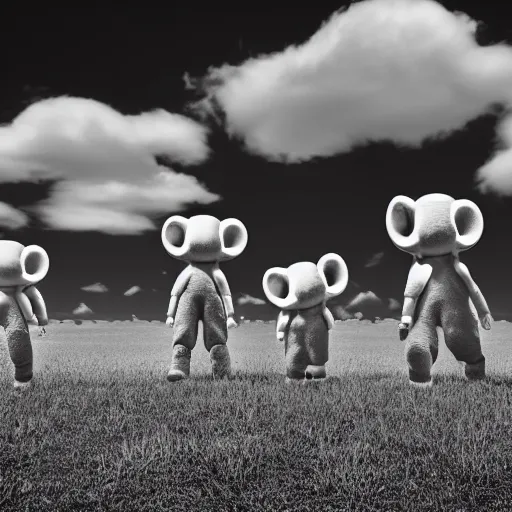 Image similar to black and white distorted Teletubbies with wide open human realistic eyes, highly detailed, sharp focus, octane render, noisy image