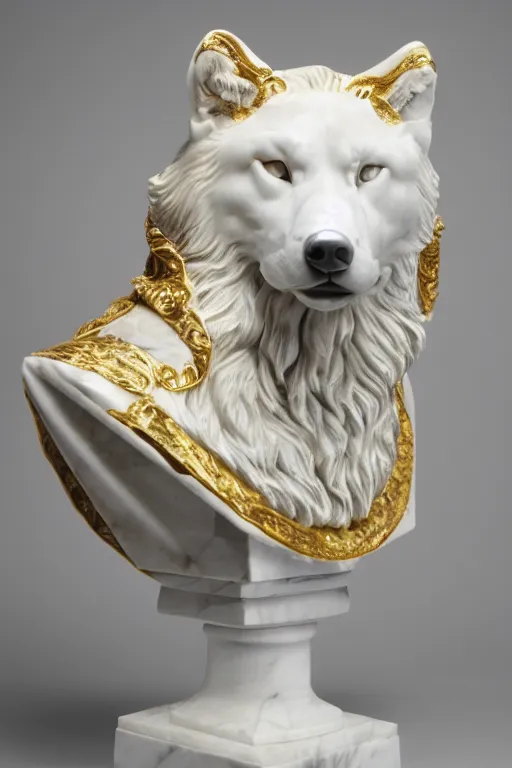 Image similar to a white marble bust of a wolf with gold filigree