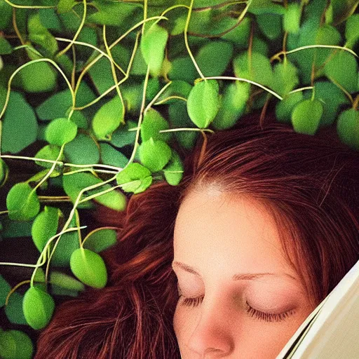 Image similar to “ very photorealistic photo of vines growing out of a woman ’ s book as she sleeps, award - winning details ”