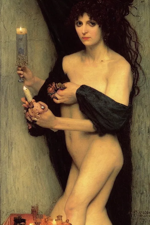 Image similar to a renaissance oil painting portrait by alma tadema of demonic vampire evil woman by full moon holding lit dark candles, candlelight, colourful pastel, detailed academic bouguereau, high shadow, strong contrast, medium shot, sharp focus