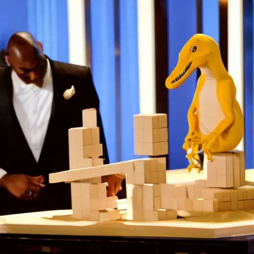 Prompt: Two dinosaurs playing Jenga at the Oscars ceremony, luxury