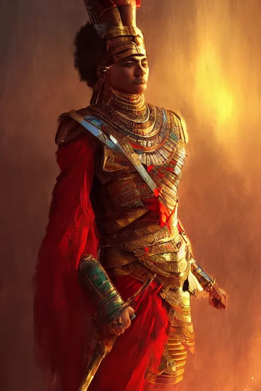 Image similar to egyptian warrior, portrait, fierce, intricate, elegant, red volumetric lighting, digital painting, highly detailed, artstation, sharp focus, illustration, concept art, ruan jia, steve mccurry