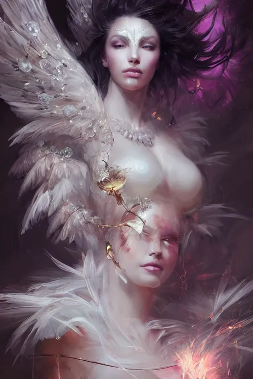 Image similar to beautiful model wearing crystal white feathers, diamonds, angel, fantasy, dramatic lighting, highly detailed, digital painting, holding electricity, magic the gathering, hyper detailed, 3 d render, hyper realistic detailed portrait, peter mohrbacher, wlop, ruan jia