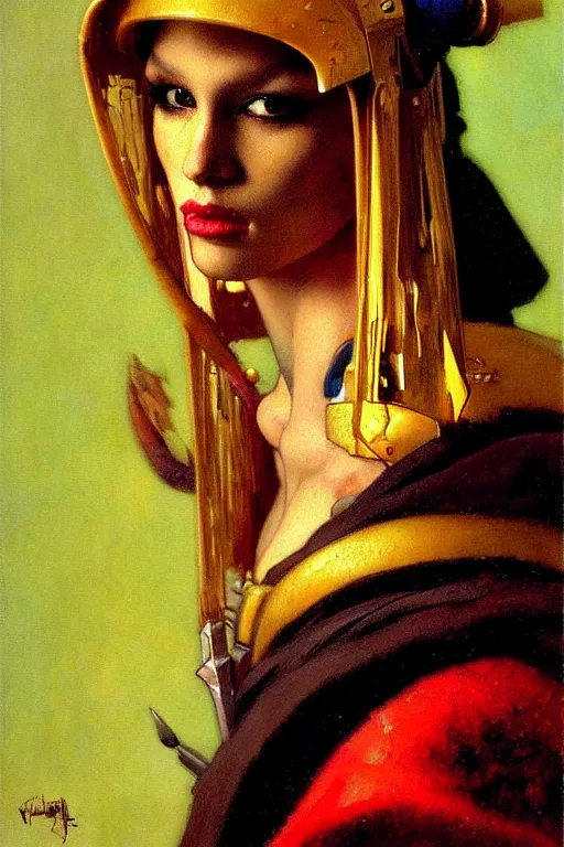 Image similar to full character portrait max mad cyberpunk warhammer 4 0 k, warrior marine the girl with the pearl earring character design, painting by gaston bussiere, katsuya terada, vermeer, frank frazetta, mucha, tom of finland, trending on artstation