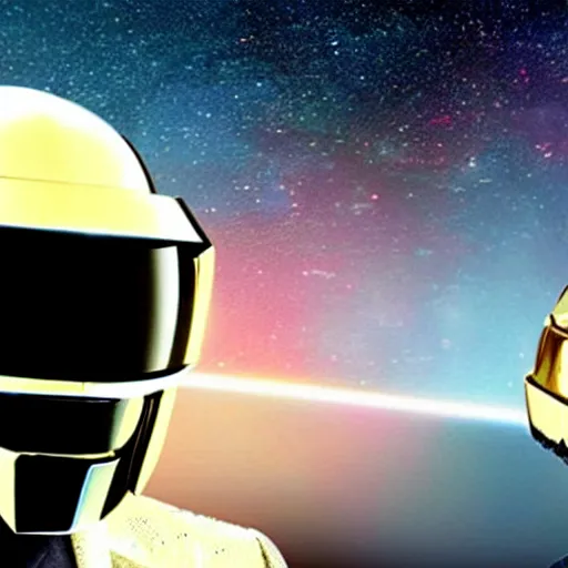 Image similar to Daft Punk duo near each other standing above a spaceship in space, seen from far away, realistic, high quality