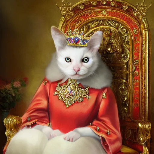 Prompt: royal princess cat wearing a crown and jeweled collar and robe sitting on a throne mark brooks detailed painting 4k