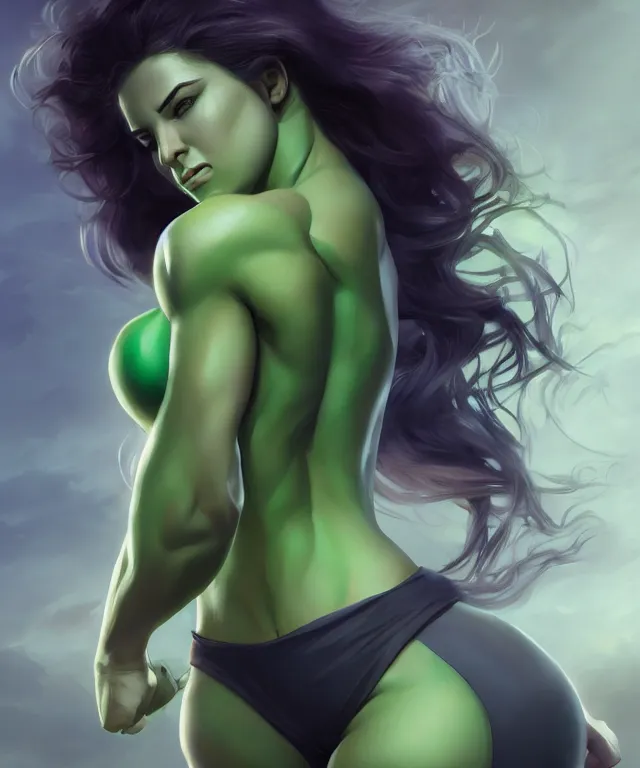 Prompt: she - hulk transforming by charlie bowater and titian and artgerm, full - body portrait, intricate, face, elegant, beautiful, highly detailed, dramatic lighting, sharp focus, trending on artstation, artstationhd, artstationhq, unreal engine, 4 k, 8 k