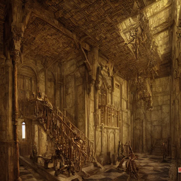 Prompt: a detailed painting of a medieval king hall with wooden walls, there is a big marble statue in the middle of the hall, staircase to the second floor. fantasy poster. lord of the rings style. cinematic fantasy scene. fantasy. carl spitzweg. renaissance elements. renaissance element. oil painting. award winning. trending on artstation. 8 k