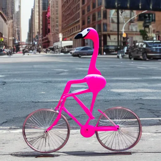 Image similar to flamingo riding a bicycle in New York City realistic photo, 50mm lens