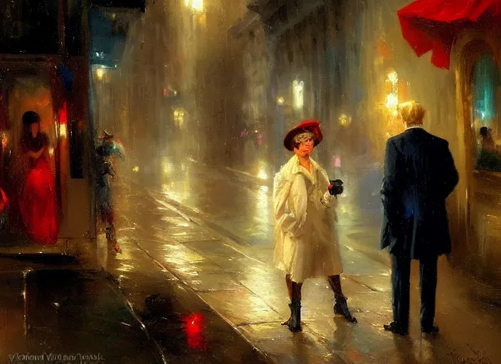 Prompt: donald trump selling documents to vladimir putin in a dark raining city alleyway by vladimir volegov and alexander averin and delphin enjolras and daniel f. gerhartz