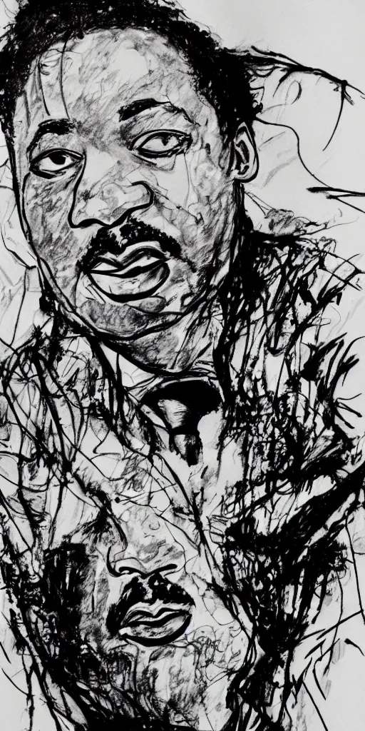 Image similar to a loose wild messy ink sketch portrait of Martin Luther king in the style of ralph steadman, caricature, dramatic