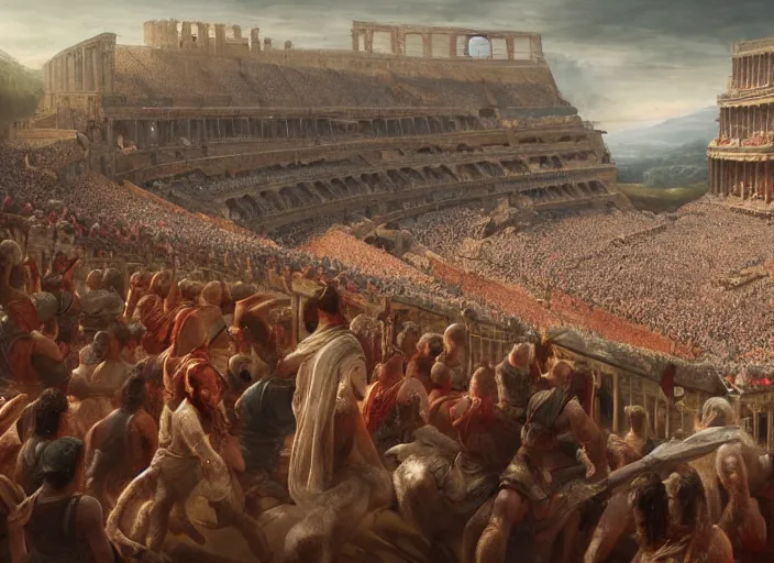 Prompt: a historical depiction of an epic scene at the roman coliseum filled with spectators, in the style of greg rutkowski, giorgio vasari, digital painting, unreal engine, extremely detailed masterpiece