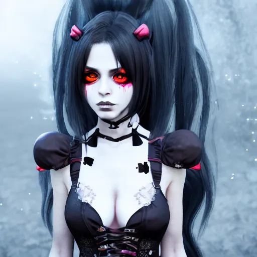 Image similar to full shot portrait of angry darkness Clara Morgane as a cute anime girl at moonlight, gothic wearing, inspired by Tim Burton, Norihiro Yagi, Marc Simonetti, Amano, Juri Misaki, detailed, unreal engine 4k volumetric light, fog,