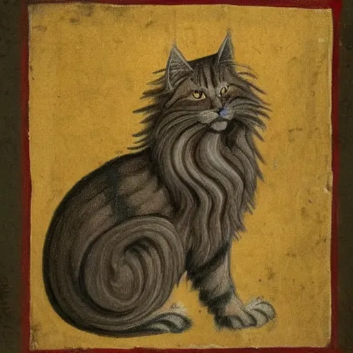 Prompt: Medieval painting of a fluffy Maine coon. High resolution. Highly detailed. Art station. 8k